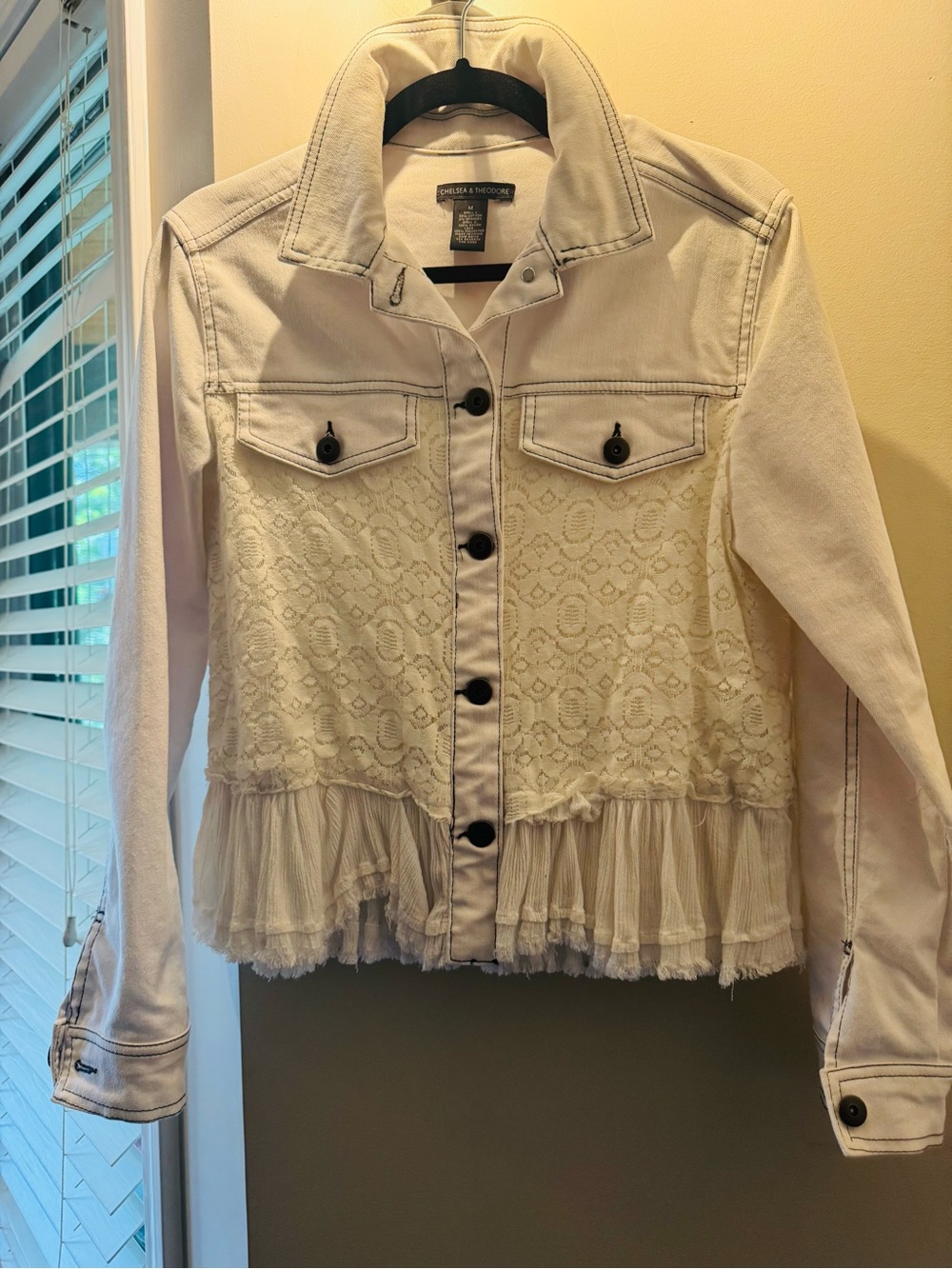 Chelsea & Theodore White Lace Peplum Jean Jacket
